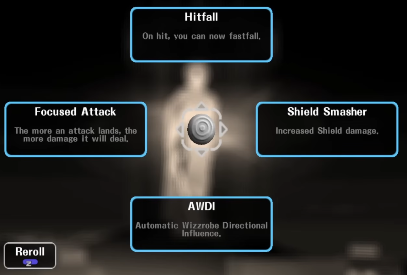 Melee Roguelike mod, showing that players can select from 1 of 4 buffs via the control stick after they respawn.